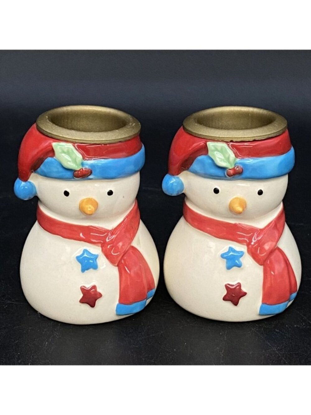 Frosty the Snowman Ceramic Candle Holder Pair 2.5” Tall